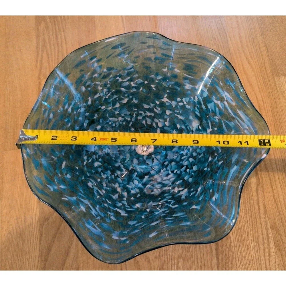 Vtg Blown Art Glass Blue White Confetti Floppy Bowl Handkerchief Ruffle 12